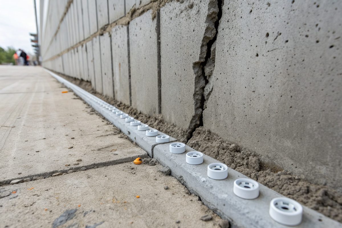 A row of small white injection ports along a sealed crack in a concrete wall