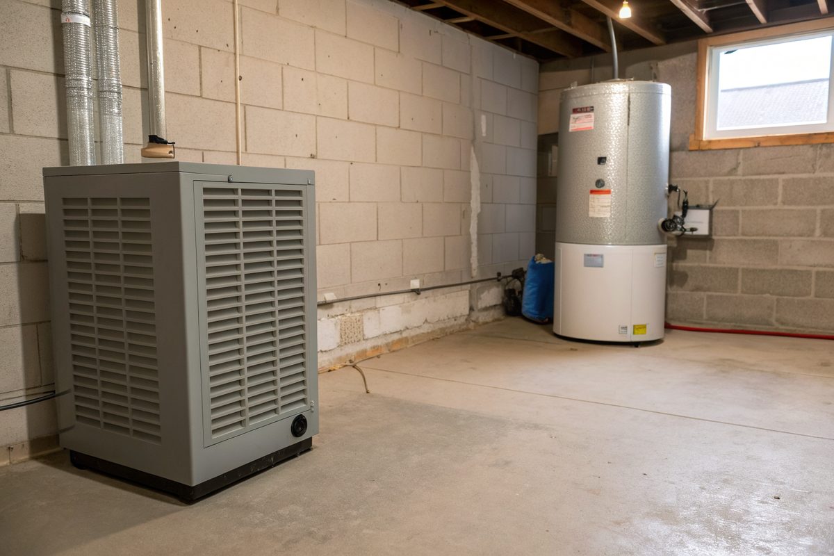 A gray dehumidifier running in a dry unfinished basement beside a water heater