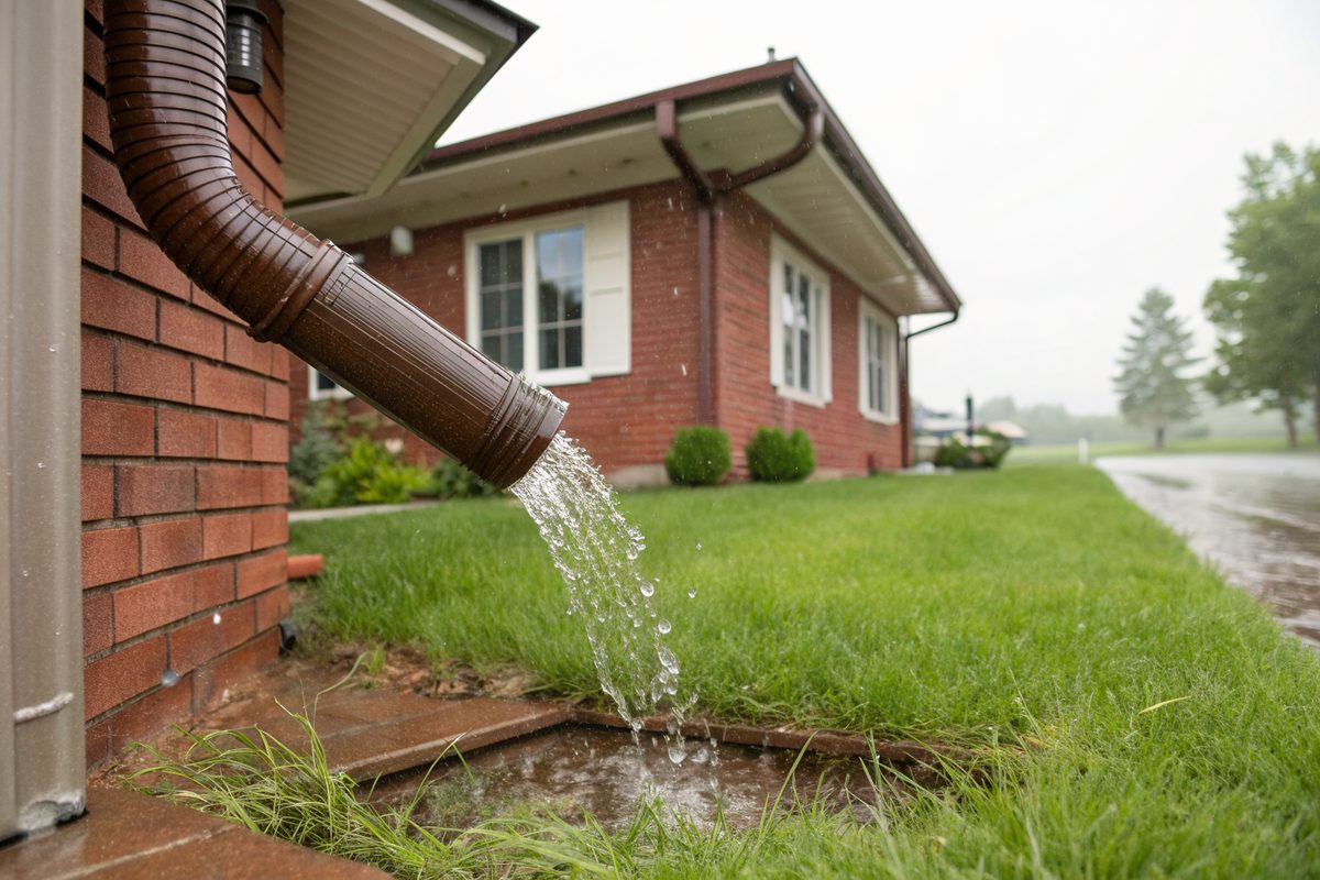 A brown downspout extension carrying rainwater across green grass away from a brick ranch house