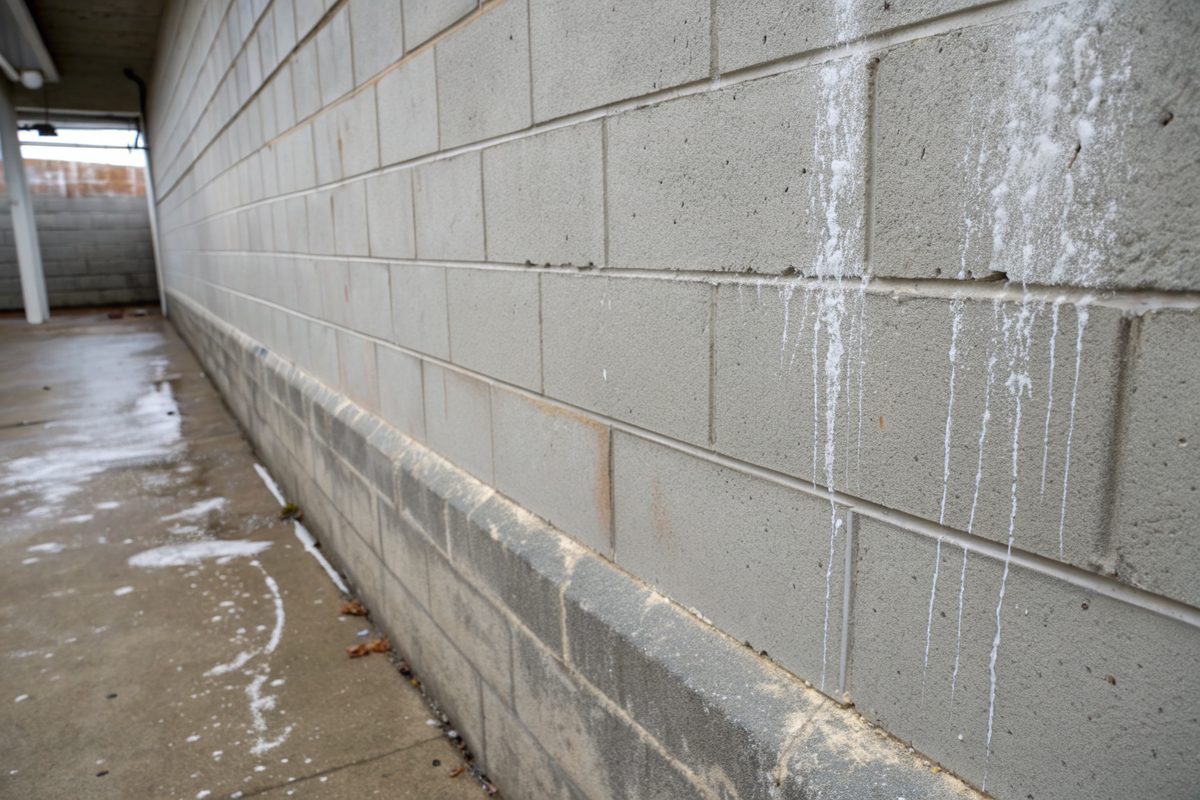White chalky efflorescence streaks on the lower courses of a gray concrete block basement wall