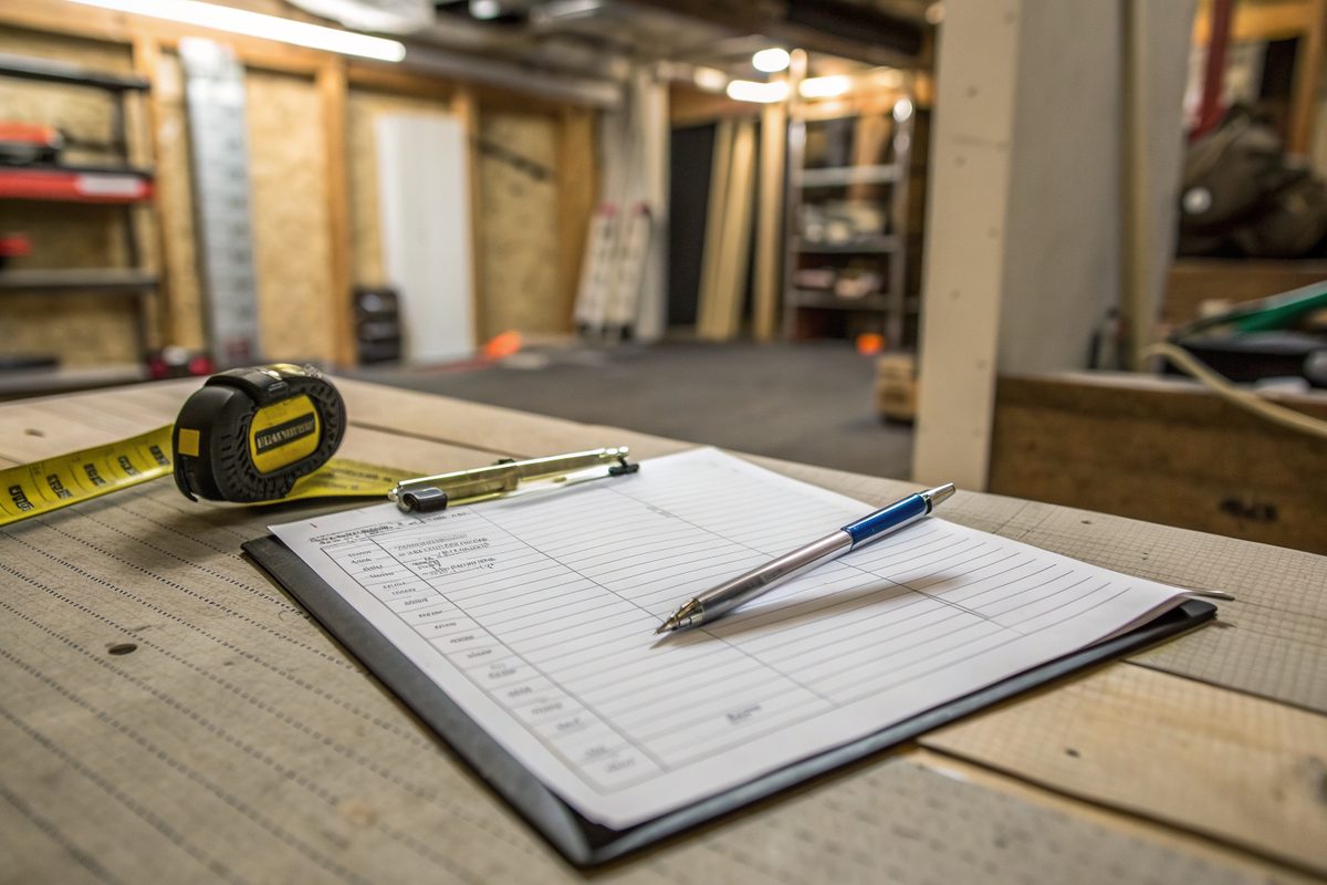 A clipboard with a blank form and a pen resting on a tape measure on a workbench