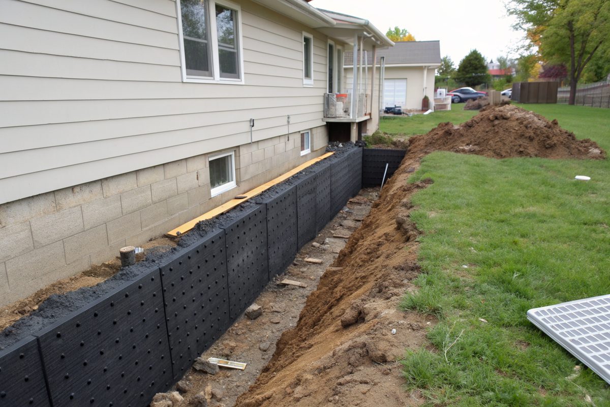 An excavated trench along a house foundation with the block wall coated in black waterproofing membrane