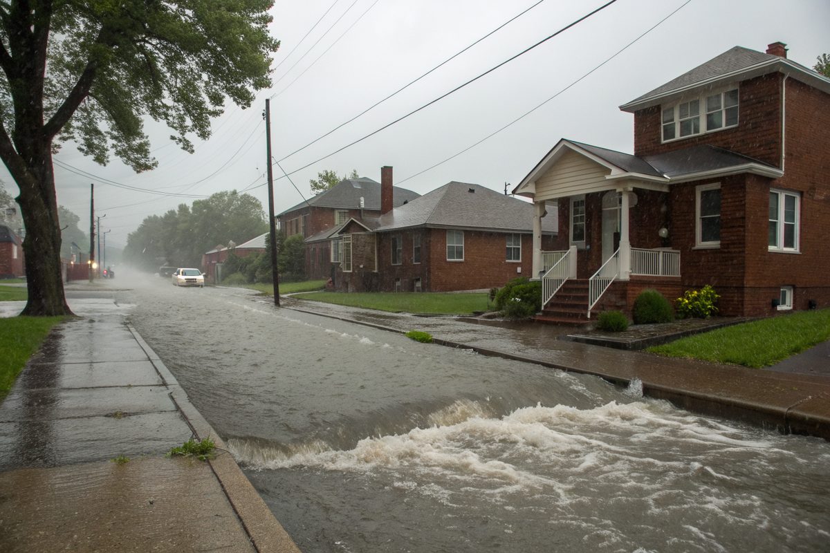 Heavy rain on a street of brick houses with water rushing along the curb toward a storm drain
