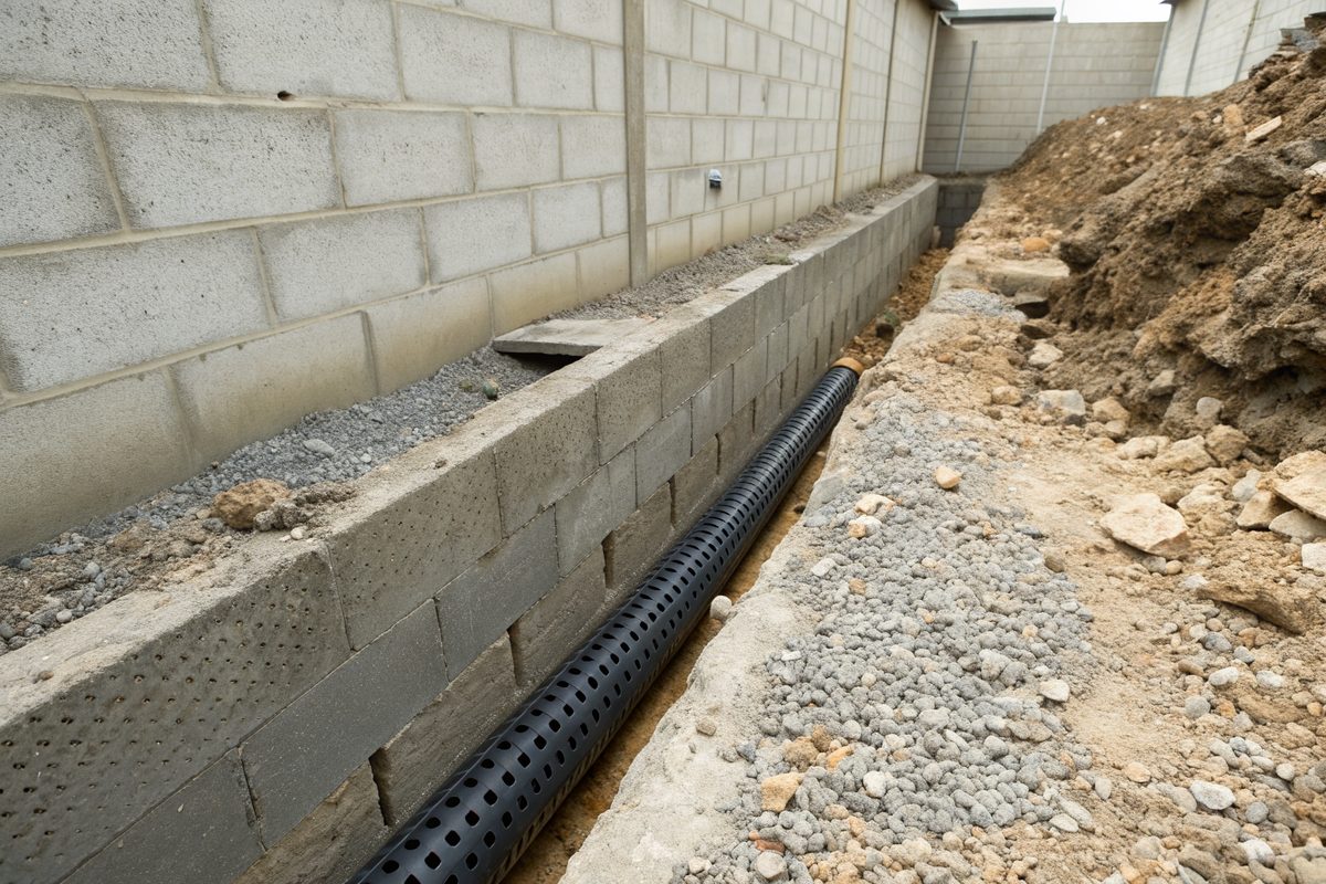 A trench cut into a basement floor along a block wall with a black perforated drain pipe in gravel