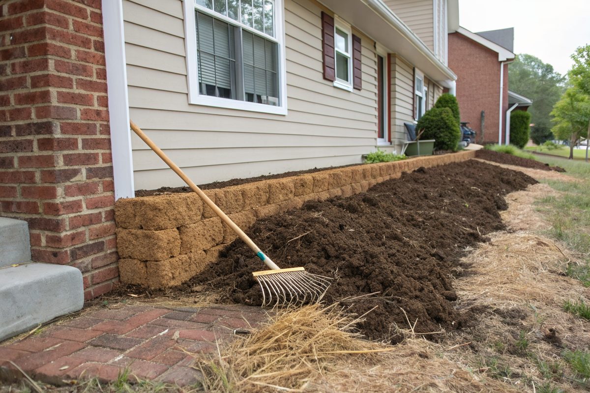 Freshly graded topsoil sloping away from a house foundation, with a rake and straw on the new soil