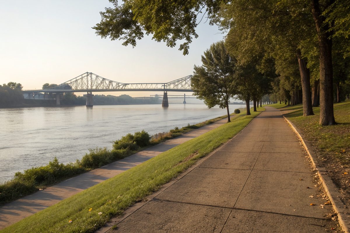 A paved riverside path along a wide brown river with a truss bridge in the distance