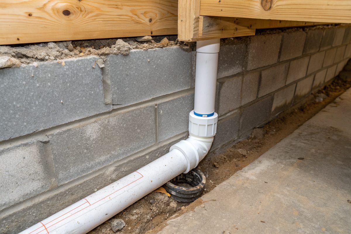 A white sump discharge pipe running up a concrete block wall and out through the rim joist