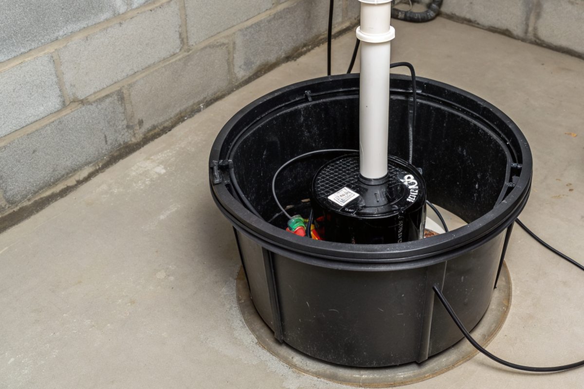 A sump pump inside a round black basin in a concrete basement floor with a white discharge pipe
