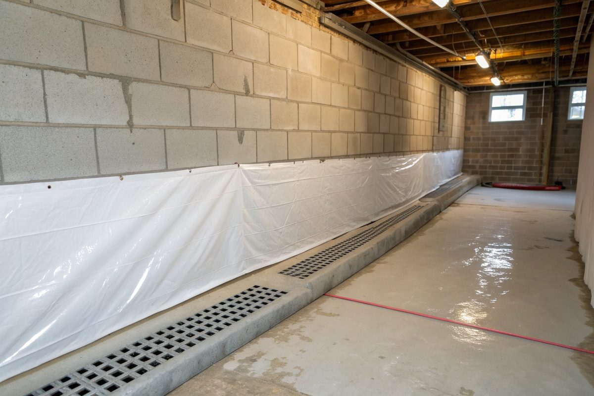 A white vapor barrier fastened along the lower part of a block basement wall above a floor drain edge