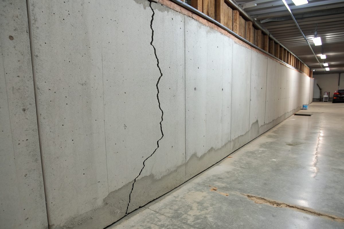 A thin vertical crack running down a smooth poured concrete basement wall