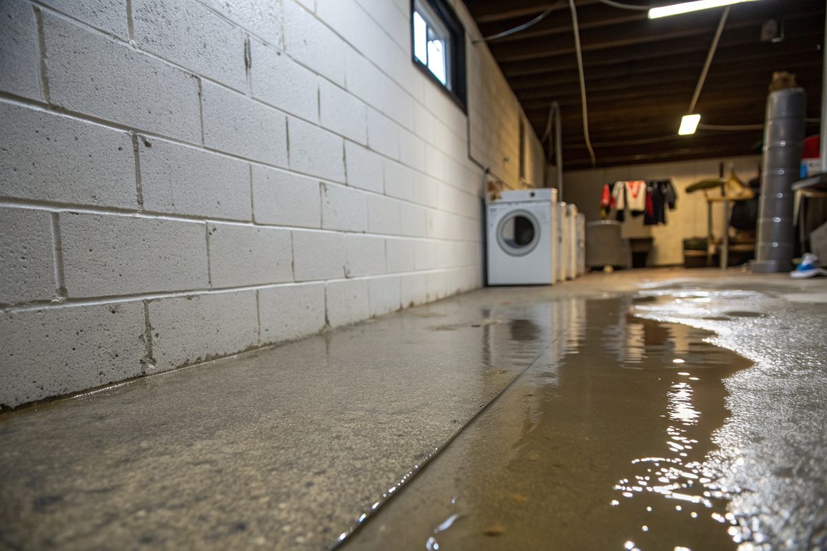 Shallow water spreading across a gray concrete basement floor along a painted block wall near a laundry area