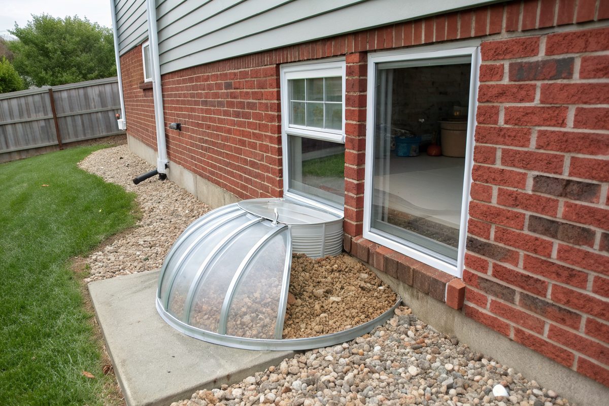 A metal window well with gravel at the bottom outside a basement window of a brick house